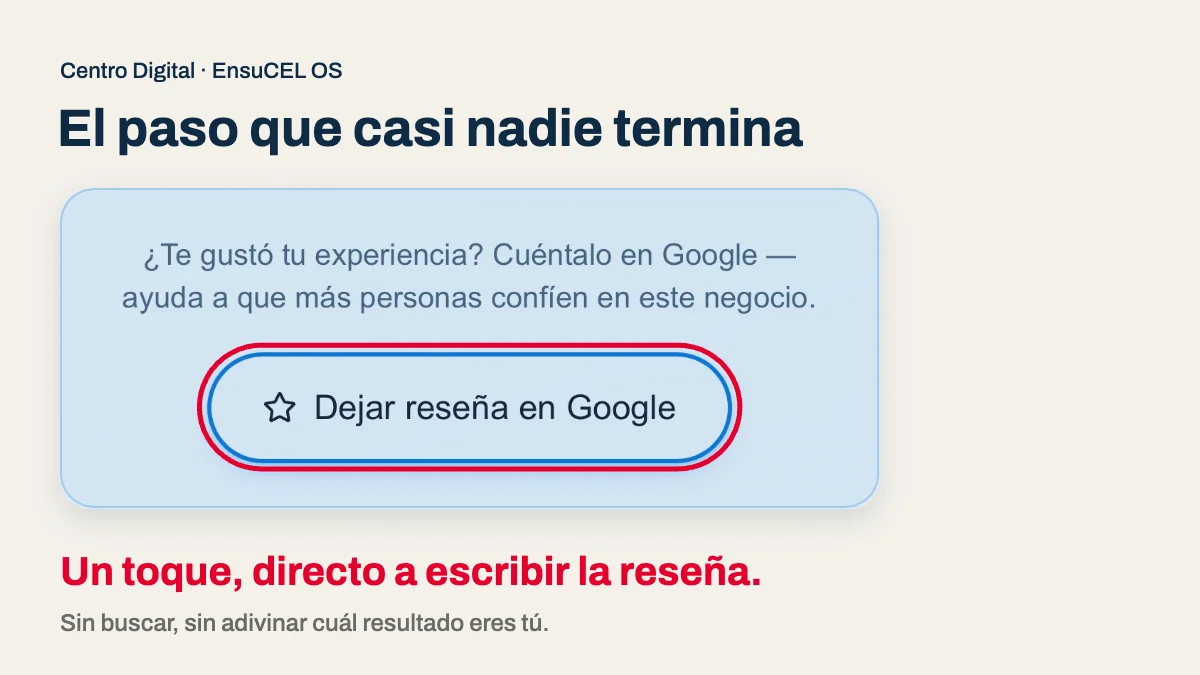 Botón para dejar reseña en Google dentro de un Centro Digital real, con acceso directo a la pantalla de reseña