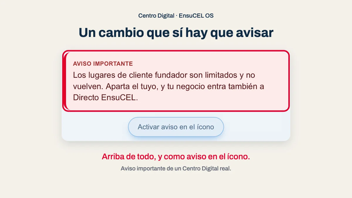 Aviso importante en un Centro Digital real: mensaje destacado arriba del perfil, con opción de activar aviso en el ícono