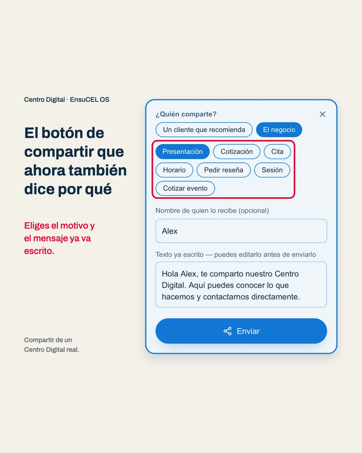 Compartir tu Centro Digital con intención: eliges quién comparte y el motivo, y el mensaje queda escrito y editable