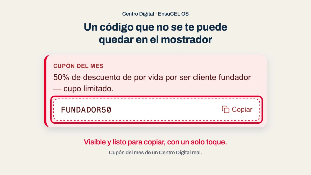 Cupón del mes en un Centro Digital real: código de descuento visible en el perfil, con botón Copiar para el cliente