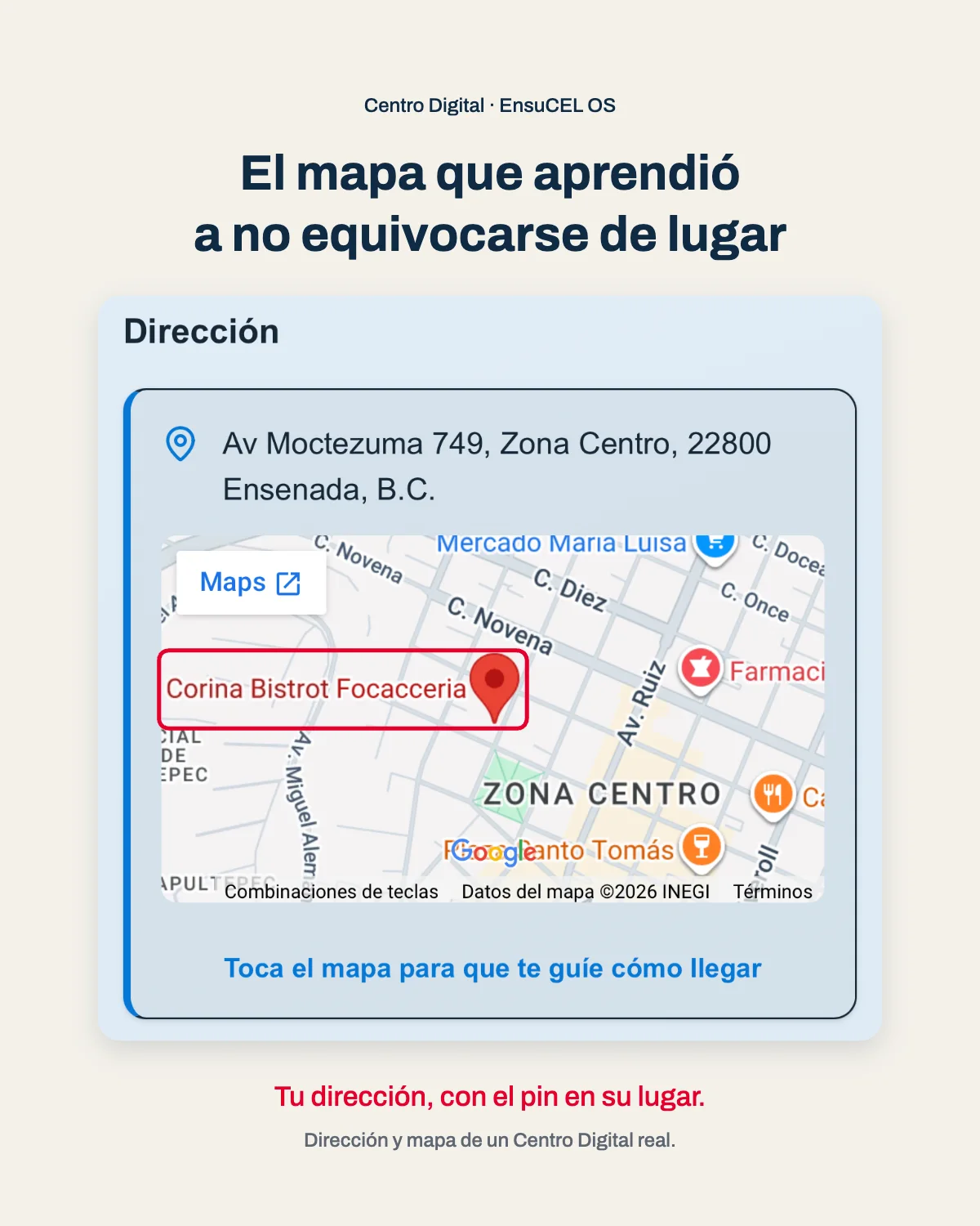 Mapa de ubicación en un Centro Digital real: dirección completa y pin en el lugar exacto, listo para guiar al cliente