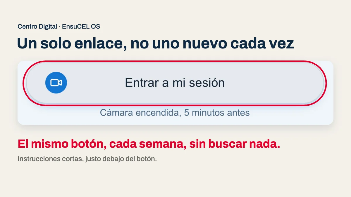 Botón para entrar a tu sesión de videollamada en Centro Digital, con instrucciones cortas debajo del enlace