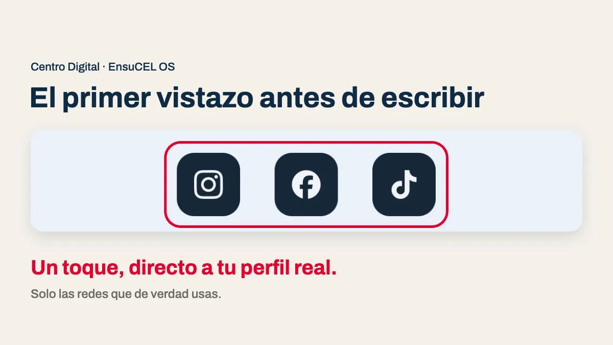 Íconos de Instagram, Facebook y TikTok en un Centro Digital real, cada uno directo al perfil del negocio