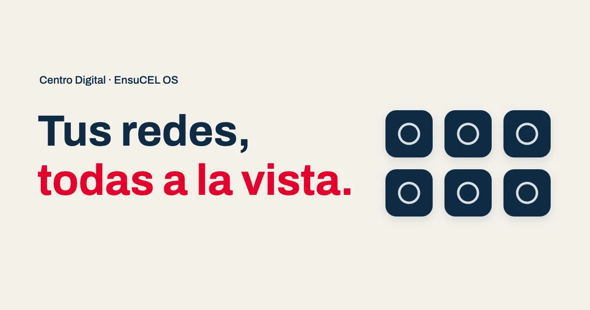 Íconos de Instagram, Facebook, TikTok, LinkedIn, X y YouTube juntos en tu Centro Digital, todas tus redes a la vista