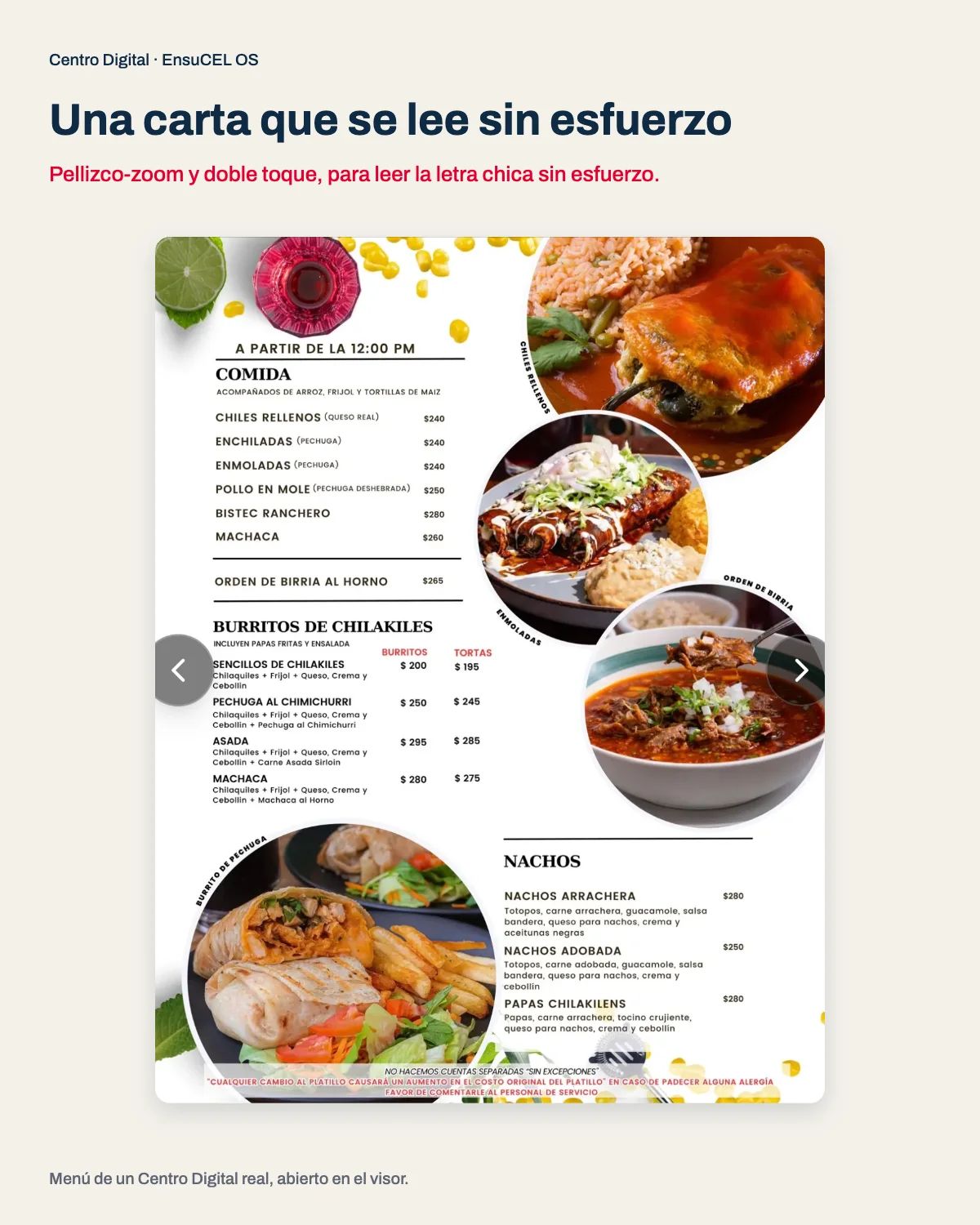 Menú del negocio en un Centro Digital real: la carta de un restaurante abierta en grande, legible desde el celular