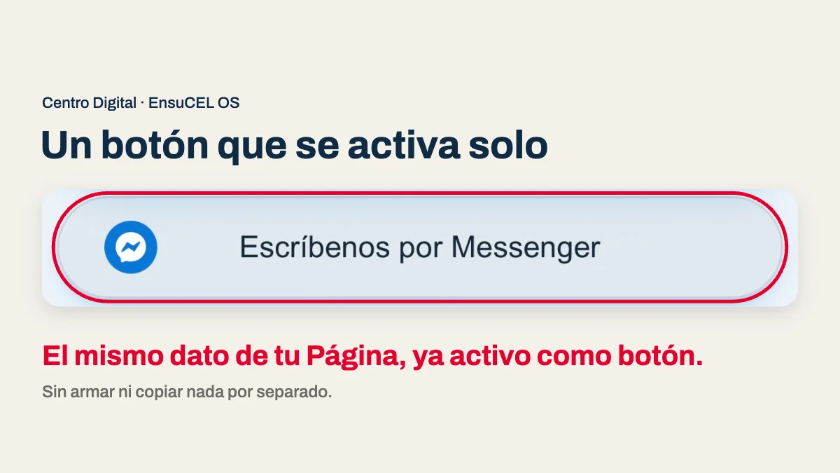 Botón de Messenger en un Centro Digital real, activado con el mismo dato de la Página de Facebook del negocio