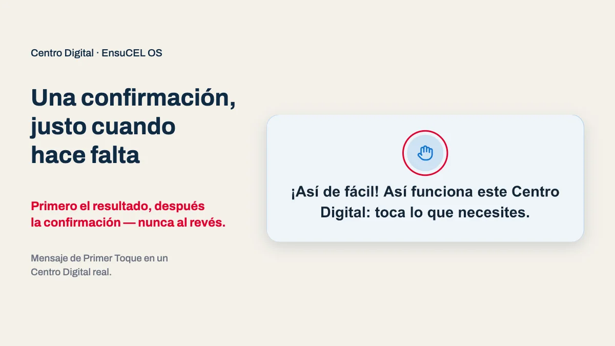 Mensaje de Primer Toque en un Centro Digital real: aparece una sola vez para confirmar que puedes tocar lo que necesites