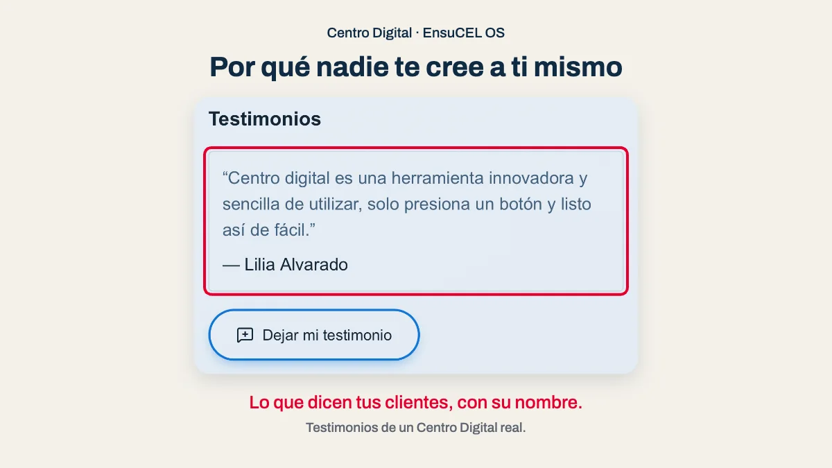 Testimonios en un Centro Digital real: la opinión de una clienta con su nombre y el botón Dejar mi testimonio