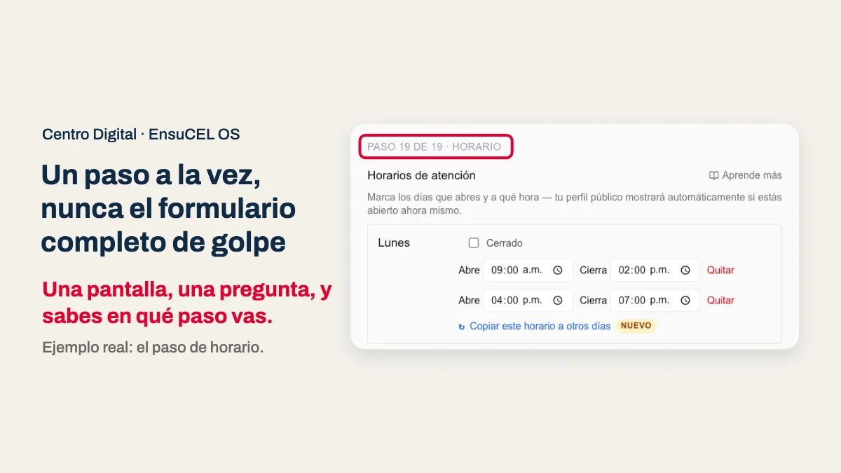 Formulario de Centro Digital un paso a la vez: el paso de horario de atención, con el indicador de avance visible